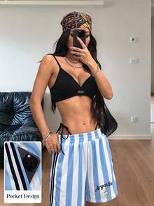 Aidyla 時尚休閒女款彈性腰字母印花條紋短褲 - 彩色 - 查看 5