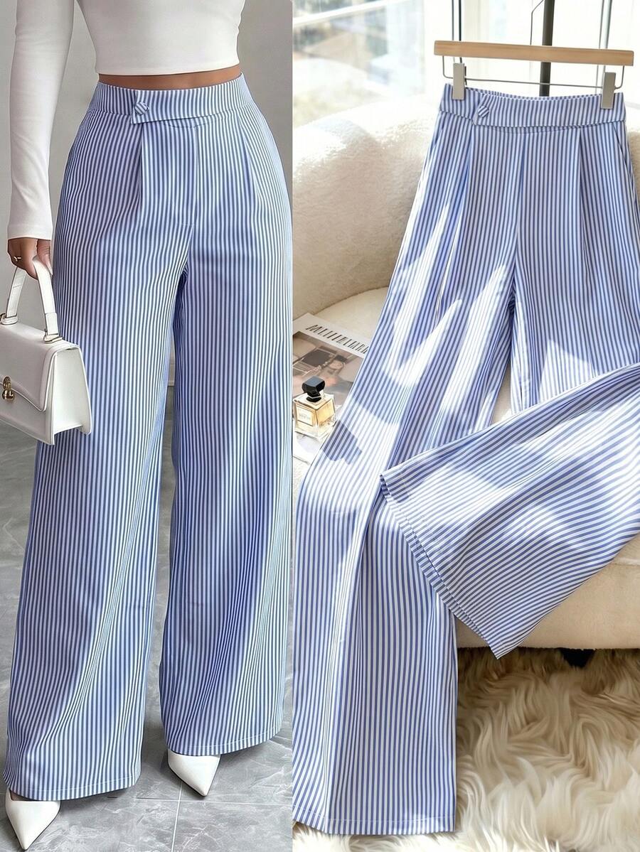 SHEIN Clasi Women's Plus Size Spring/Summer Single Style High Waist Button Front Pleated Vertical Striped Wide Leg Draped Commute Casual Pants Fall - Blue and White - View 1