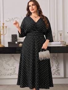 Modelyn Elegant Polka Dot Print V-Neck Long Sleeve Cinched Waist A-Line Regular Fit Plus Size Dress For Spring And Autumn Fall - Black - View 4