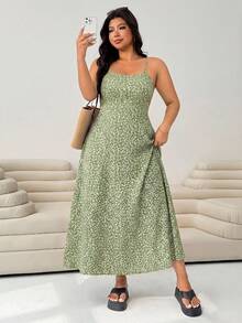SHEIN EZwear 大尺碼女款法式優雅碎花印花細肩帶洋裝 - 綠色 - 查看 4