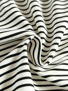 Franclia Denim Effect Patchwork Black & White Striped Dress For Women Summer New Dress Non-Denim Effect Digital Print Striped Dress Niche Design Short Sleeve Dress - Multicolor - View 4