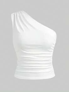 Girlism Baju Tank Top & Camisole 2pcs untuk Remaja Perempuan, Musim Semi/Panas, Warna Polos Baru, Model Kasual dengan Detail Kerut dan Garis Leher Asimetris, Cocok untuk Kembali ke Sekolah. - Blue and White - View 3