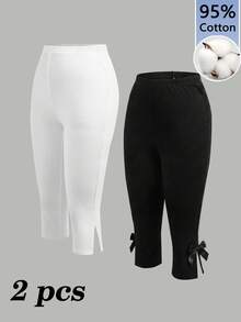 SHEIN SXY 女款 95% 棉黑白蝴蝶結七分內搭褲；運動/瑜珈；商務休閒；辦公室；四季適用； - 彩色 - 查看 2
