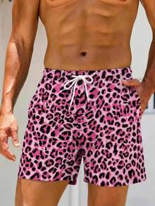 Manfinity Swimmode 男款抽繩腰豹紋休閒度假沙灘短褲 - 紅色 - 查看 3
