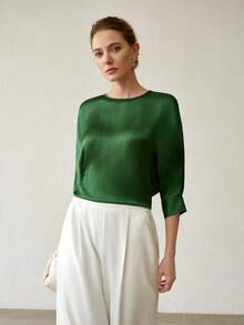 MOTF PREMIUM WOMEN'S SOLID FOLD PLEATED SLEEVE ROUND NECK BLOUSE - Dark Green - View 6