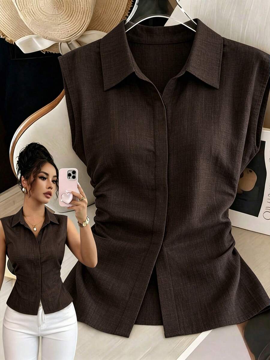 SHEIN LUNE CURVE Women's Plus Size Summer 1pc Lapel Sleeveless Cinched Waist Asymmetrical Hem Slimming Commute Elegant Denim Effect Sleeveless Shirt - Brown - View 1