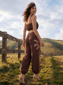 CAJUNI Set Atasan Camisole Pendek Warna Polos dan Celana Jogger Motif Pohon Palem untuk Liburan Pantai, Nuansa Cokelat Tua, Gaya Boho Tropis Musim Panas - Coklat - View 2