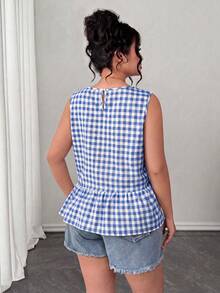 SHEIN Clasi 春夏清新格紋百搭無袖大尺碼女款上衣 - 藍色 - 查看 2