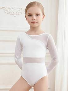 SHEIN Young Girls' Sports Mesh Panel Bodysuit, Mesh Patchwork, One-Piece Athletic Design, Solid, Knit, Fitted, Sportswear, Cardigan, Knitted, Vest, Collar - White - View 4