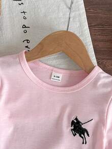 SHEIN 2件組女嬰百搭休閒時尚純色刺繡短袖T恤與豹紋長褲套裝，適合春夏、室內/戶外、度假、旅行、返校、日常穿著 - 粉色 - View 4