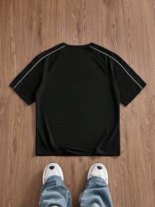 NORVETH Men's Knitted Fashion Daily Youth Casual Patchwork Printed Pattern Loose Short Sleeve T-Shirt - Black - View 4