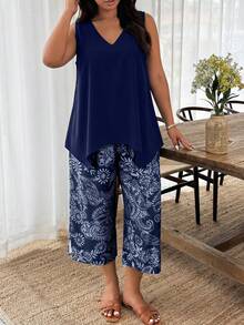 Weeklong Plus Size Women's V-Neck Irregular Hem Sleeveless Blouse And Solid Color Capri Pants 2-Piece Set, Spring/Summer - Navy Blue - View 5