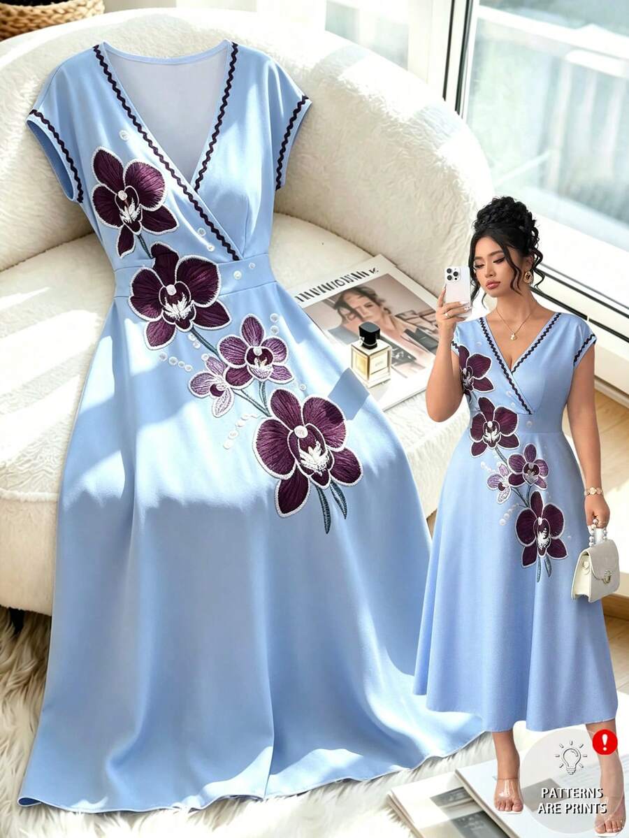 SHEIN Clasi Women's Plus Size Light Blue 3D Floral Pearl Print Woven Fabric Cross V-Neck Short Sleeve Cinched Waist A-Line Midi Dress, Elegant Casual Summer - Multicolor - View 1