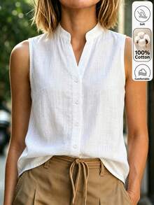 Louniche Blusa sin mangas de unicolor para mujer, diseño de botones con ajuste holgado, top de primavera/verano - Blanco - Ver 1