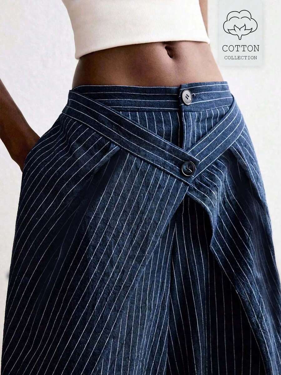 ATUI Studio 女士条纹休闲百搭日常裤 - 藍色 - 查看 1