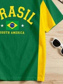 SHEIN [1件]青少年男孩 世界盃足球巴西風 黃綠配色 BRASIL 印花短袖T恤 休閒運動風 夏季/春秋款 - 彩色 - 查看 4