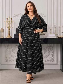 Modelyn Elegant Polka Dot Print V-Neck Long Sleeve Cinched Waist A-Line Regular Fit Plus Size Dress For Spring And Autumn Fall - Black - View 5