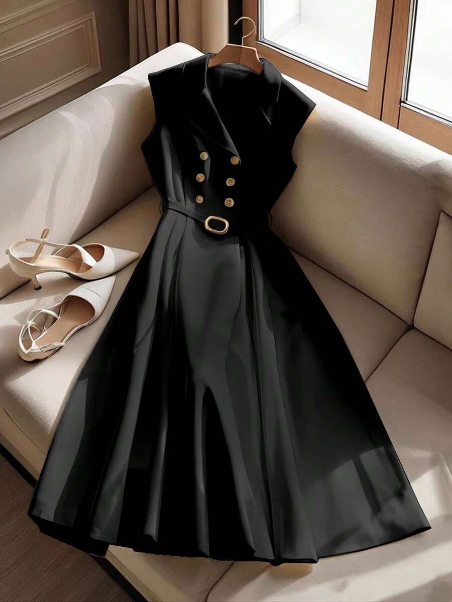 SHEIN Clasi 女士无袖纯色中长连衣裙,夏季简约时尚 - 黑色 - 查看 1