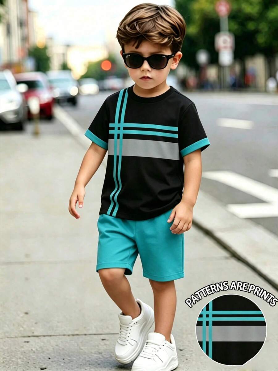 Young Boys 2-Piece Set, Simple Fashion Contrast Color Striped Color Block Print Short Sleeve T-Shirt And Printed Shorts Set, Suitable For Outings In Summer - Multicolor - View 1