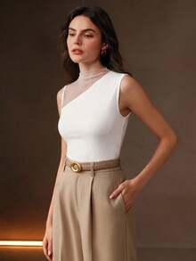 Anewsta 白色夏季優雅女款透視網紗拼接無袖針織背心，時尚休閒彈性修身，適合戶外、派對、度假與夜晚外出 - 白色 - 查看 3