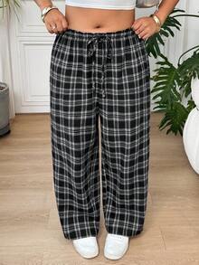 SHEIN EZwear 大尺碼女款格紋抽繩腰休閒百搭日常外出長褲 - 彩色 - 查看 1