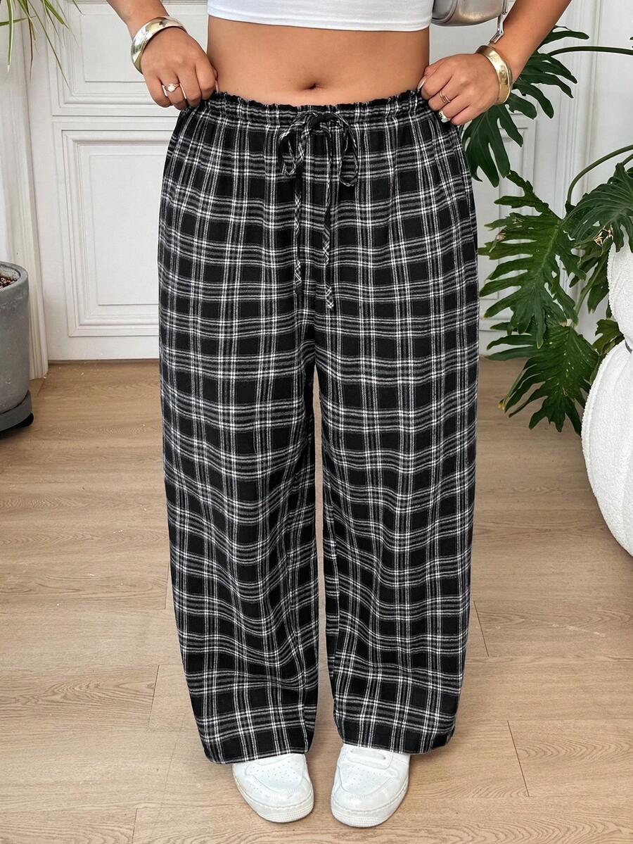SHEIN EZwear 大尺碼女款格紋抽繩腰休閒百搭日常外出長褲 - 彩色 - 查看 1