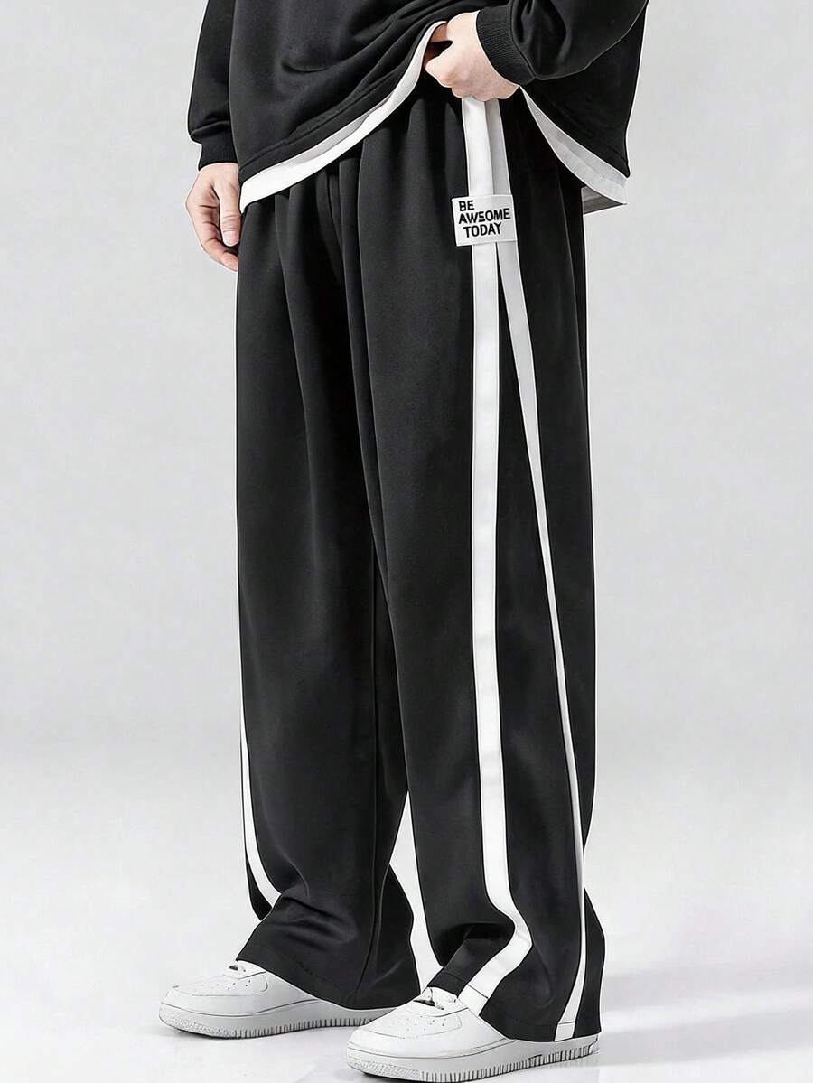 SHEIN 青少年男孩休閒日常舒適拼接彈性腰鬆直筒素色梭織運動長褲,青少年男孩慢跑褲,青少年防風長褲,青少年綠色長褲,男孩綠色長褲,適合春/夏,日常穿著、運動、外出、學校、派對、節慶、拍照 - 黑色 - 查看 1
