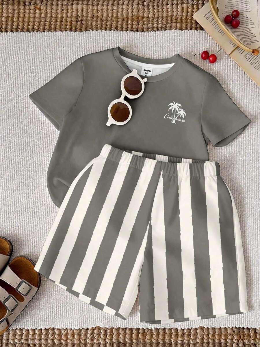 Young Boy Casual Minimalist T-Shirt Set, Classic Cool Striped Pattern Print, Classic Palm Tree Pattern Print, Classic Vacation City California Text Pattern Print, Suitable For Vacation, Suitable For Beach, Suitable For Spring And Summer - Multicolor - View 1