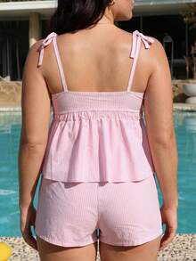 Swim Mod Plus Size Women 2 Pieces Striped Swimwear Beach Vacation Summer - Pink - View 2