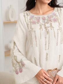Al Najma Women's Elegant Embroidered Long Robe For Ramadan - Ivory White - View 4