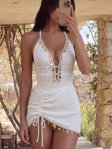 Swim Oasis Women's Solid Color Spaghetti Strap Front Shell Chain Decor Two Pieces Bikini Set - White - View 1