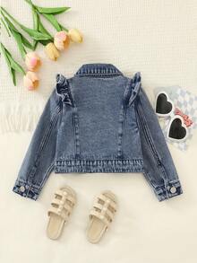 SHEIN Playful Pals 女嬰深藍色荷葉邊飾復古時尚牛仔短夾克，適合戶外玩耍、旅行、度假、親子活動、派對聚會等場合，居家、外出與日常穿著皆宜 - 中等水洗藍 - 查看 3