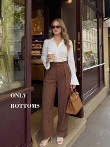 SHEIN MOD Calça Perna Larga Elegante Listrada Marrom Plus Size, Início do Outono, Estilo Old Money, Roupa de Escritório, Negócios Minimalista de Outono - Castanho - Visão 6