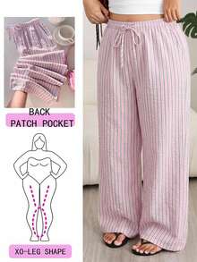 SHEIN EZwear Celana Panjang Wanita Ukuran Besar Motif Garis-Garis Patchwork Kasual Serbaguna untuk Aktivitas Sehari-hari - Berwarna merah muda - View 8