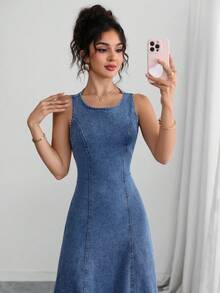 Elenzga Women's Hollow Out Lace-Up Sleeveless Long Denim Dress - Blue - View 5