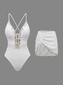 Swim Oasis Women's Solid Color Spaghetti Strap Front Shell Chain Decor Two Pieces Bikini Set - White - View 3