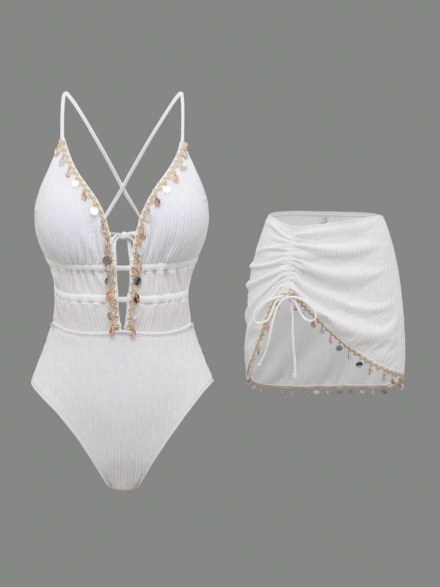 Swim Oasis Women's Solid Color Spaghetti Strap Front Shell Chain Decor Two Pieces Bikini Set - White - View 1
