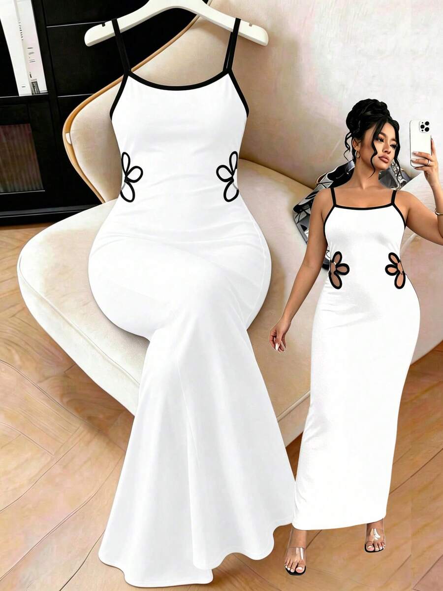 Elenzga Plus Size Elegant Fitted Color Block Dress - White - View 1