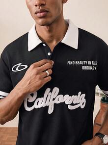 Tonviero Polo à imprimé slogan de couleur contrastée décontracté pour hommes, pull tricoté noir pour hommes, t-shirt noir d'été pour hommes, pull tricoté noir brodé pour hommes, chemise courte imprimée pour hommes, Top court ample brodé pour hommes - Multicolore - Voir 3