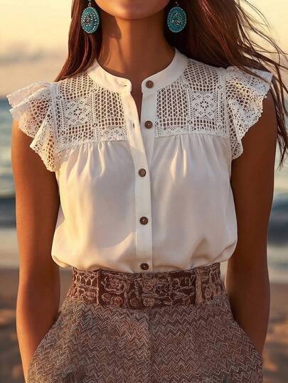 Linhara CURVE Plus Size Women's Woven Regular Summer Casual Vacation Commute Comfortable Patchwork Lace Trim Round Neck Sleeveless Beige Blouse