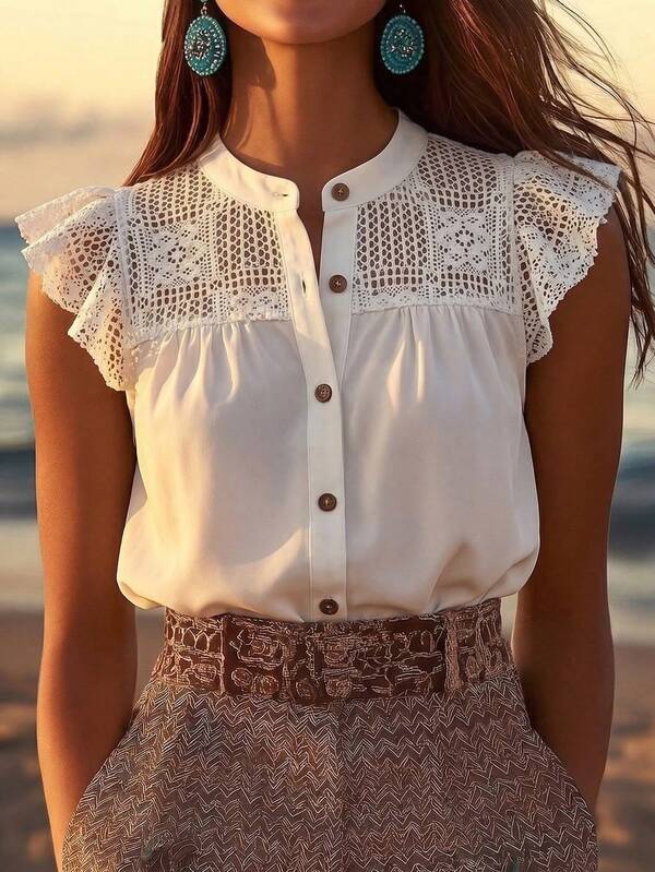 Linhara CURVE Plus Size Women's Woven Regular Summer Casual Vacation Commute Comfortable Patchwork Lace Trim Round Neck Sleeveless Beige Blouse