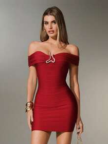 Nuvra Sexy & Elegant Off Shoulder Red Metal Decor Bodycon Mini Dress - Burgundy - View 10