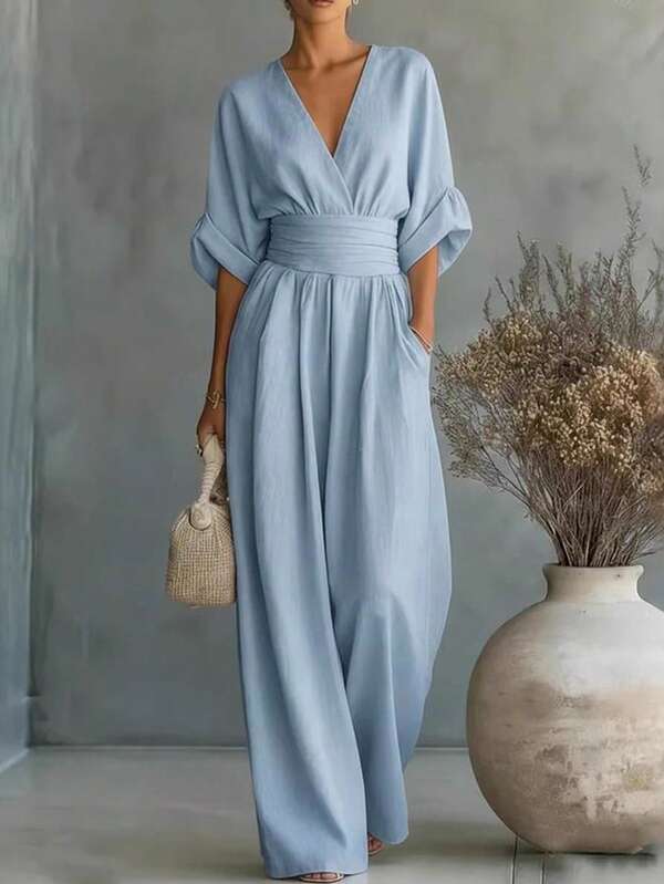 Breezaya Plus Size Women's Solid Color V-Neck Pleated Casual Daily Jumpsuit