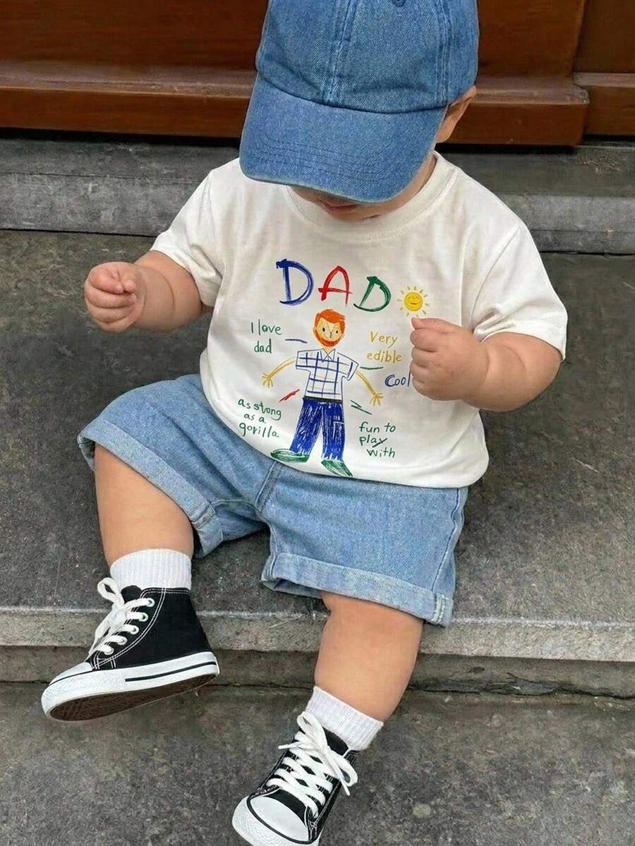 SHEIN Setelan 2pcs untuk Bayi Laki-laki, Kaos Lengan Pendek dan Celana Pendek Denim Motif Lucu Kasual untuk Hari Ayah, Cocok untuk Musim Semi/Panas