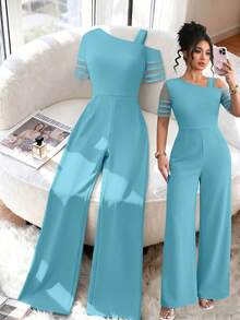 Elenzga Jumpsuit Minimalis Serbaguna Kasual Warna Polos untuk Wanita Ukuran Besar - Baby Blue - View 8
