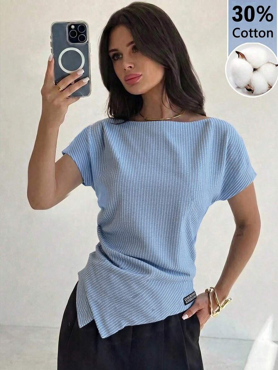 Firerie Camisa casual elegante de 30% algodón con estampado a cuadros y dobladillo asimétrico, adecuada para ir al trabajo, uso casual diario y ropa de negocios de moda/Ropa de otoño para mujeres/Temporada de regreso a la escuela/Atuendo de maestra - Azul y blanco - Ver 1