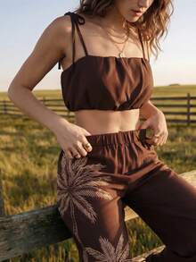 CAJUNI Set Atasan Camisole Pendek Warna Polos dan Celana Jogger Motif Pohon Palem untuk Liburan Pantai, Nuansa Cokelat Tua, Gaya Boho Tropis Musim Panas - Coklat - View 5