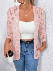 Elenzga Cardigan de encaje transparente de unicolor talla grande - Rosa - Ver 6