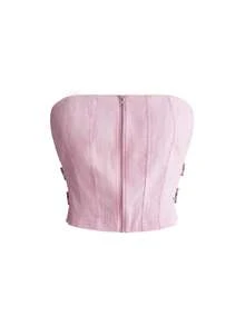 Sweetness Spring Summer Y2K Sexy Hot Girl Side Metal Buckle Decor Front Zipper Bustier Women's Top Night Out Club Rave Pink - Pink - View 10