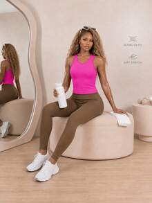 BamGleam Women's Summer Solid Color Round Neck Casual Sports Tank Top Fitted Shirtworkout Tank Top - Hot Pink - View 4